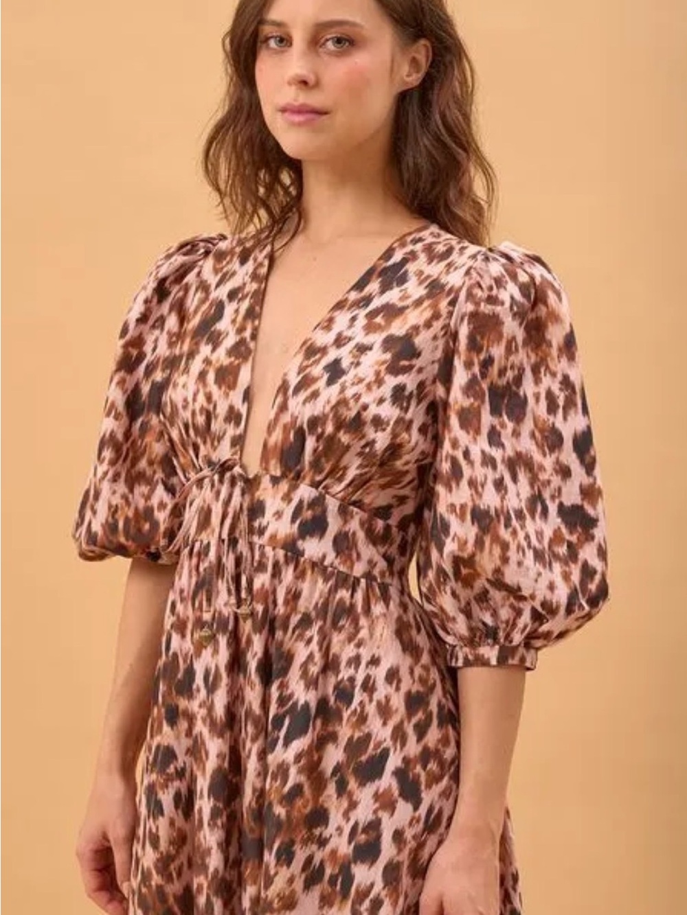FARM Rio Brown and Black Leopard-Print Puff-Sleeve Dress